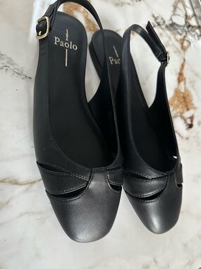 Paolo Black Leather Slingback Flats with Buckle